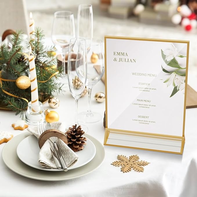 Acrylic Sign Holder 8.5X11 Double Sided Clear Display Stand, Gold Plastic Display Stand for Home Office Shop Restaurant (4pcs)