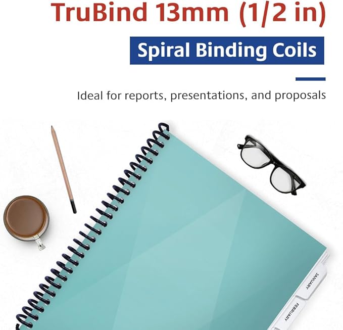 TruBind 13mm (1/2 in.) Spiral Binding Coils for Reports, Presentations and Proposals | 4:1 Pitch | 12 in. Length | Black | 105 Sheets Binding Capacity | 100 Pack