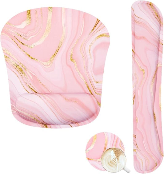 Memory Foam Ergonomic Keyboard Wrist Rest Pad and Mouse Wrist Rest Support Mouse Pad Set for Office Gaming Easy Typing-Pink Fluid