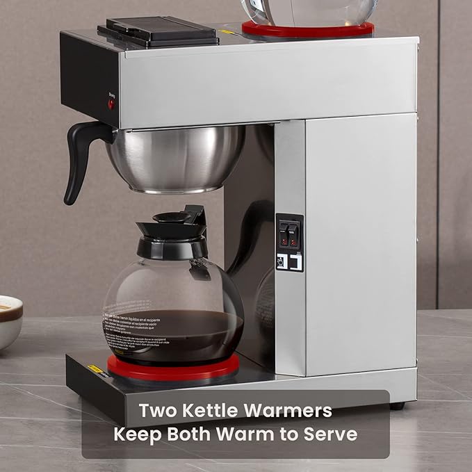 SYBO 12-Cup Commercial Drip Coffee Maker, Pour Over Coffee Maker Brewer with 2 Glass Carafes and Warmers, Stainless Steel Cafetera SF-CB-2GA