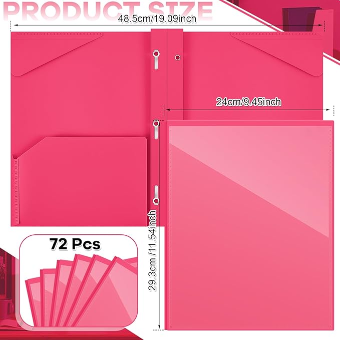 Henoyso 72 Pcs Plastic Folder with Clear Front Pocket and 3 Prong Plastic Folders with Card Slot Pocket Folders with Prongs for School Office (Rose Pink)