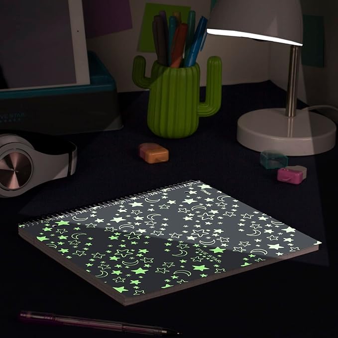 Five Star Spiral Notebook + Study App, 1 Subject, Wide Ruled, 8" x 10-1/2", 80 Sheets, Fights Ink Bleed, Water Resistant Cover, Black Stars Glow in the Dark (930020F)
