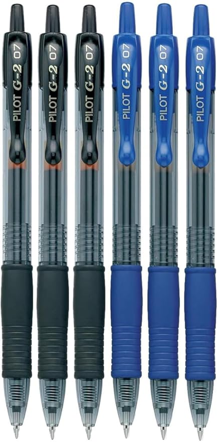 Pilot G2 Retractable Premium Gel Pens (6-pk), Fine Point, Black/Blue Ink, Refillable & Comfort Grip Bundle with Plastic Pouch