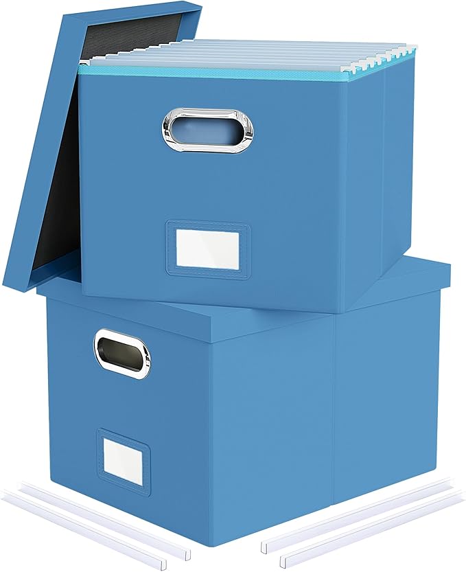 2 Pack File Storage Organizer - Portable Filing Box with Lid, Fits Letter/Legal Size, Navy Blue Leather Box