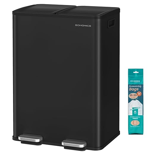 SONGMICS Trash Can, 2 x 8 Gallon (2 x 30 L) Dual-Compartment Garbage Can with Soft-Close Lid, Pedal and Inner Buckets, Stainless Steel, Includes 15 Liner Bags, Ink Black ULTB741B01