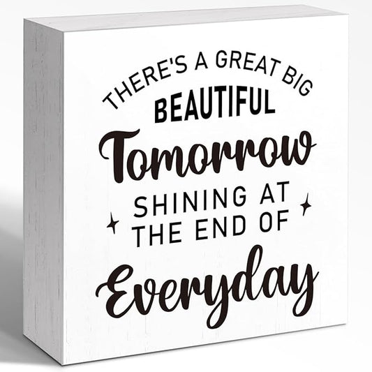 Wooden Block Sign "There is a Great Tomorrow" 5x5x1 INCH, Inspiration Decor, Vintage Tomorrowland Plaque for Desk or Wall, Classic Quote Display