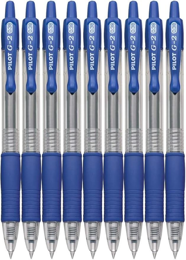 G2 Retractable Premium Gel Ink Roller Ball Pens Ultra Fine Point (.38mm) Blue Ink 9 pack; Refillable & Premium Comfort Grip Bundle with Plastic Reusable Pouch