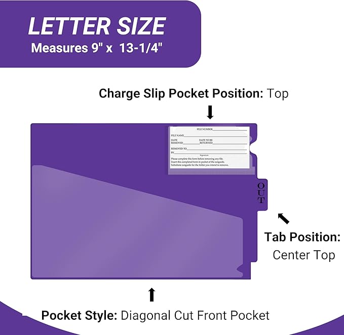 Doctor Stuff - Center Tab Vinyl Out Guides, Diagonal Cut Front Pocket, Top Charge Out Slip Pocket, Plastic File Folder, Letter Size 9" x 13-1/4", Purple, 100/Box
