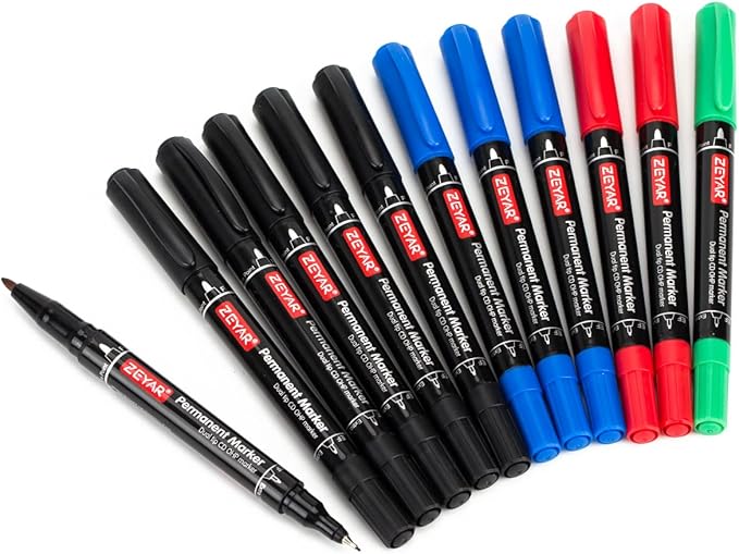 ZEYAR Twin Tip Permanent Markers, CD/DVD Markers, 4 Color, Ultra Fine Point and Fine Point for Signature and Marking (4 Colors, 12 Pack)