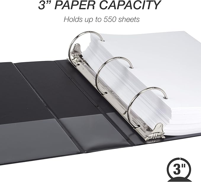 Samsill 3 Inch 3 Ring Binder, Made in USA, Economy Round Ring, Clear View Cover, 550 Sheet Capacity - for School, Home, Office - Charcoal Black