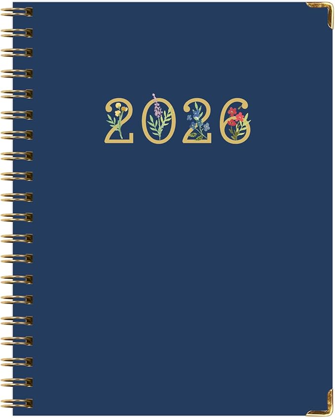 HARDCOVER 2026 Planner, 7"x9": 14 Months (November 2025 - December 2026), Daily Weekly Monthly Planner, Yearly Agenda, Bookmark, Pocket Folder and Sticky Note Set (Navy Gold Numbers)