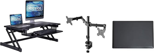 Rocelco 37.5" Deluxe Height Adjustable Standing Desk Converter with Dual Monitor Mount and Anti Fatigue Mat BUNDLE - Sit Stand Up Computer Workstation Riser - Keyboard Tray - Black (R DADRB-DM2-MAF)