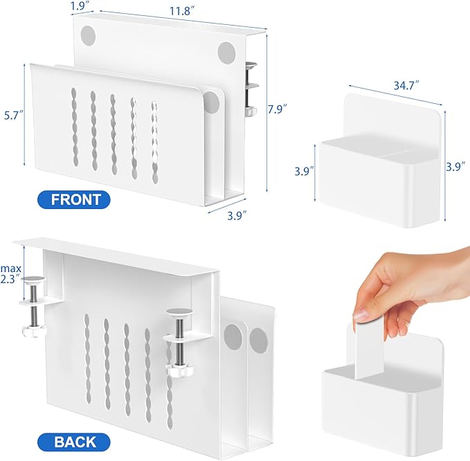 HAMOPY Desk Side Storage, 2 Tier Steel Hanging Desk Organizer with Magnetic Pen Holder, No Drilling Standing Desk Drawer Cable Management Tray, Under Table Laptop Holder for Office, School&Home(White)