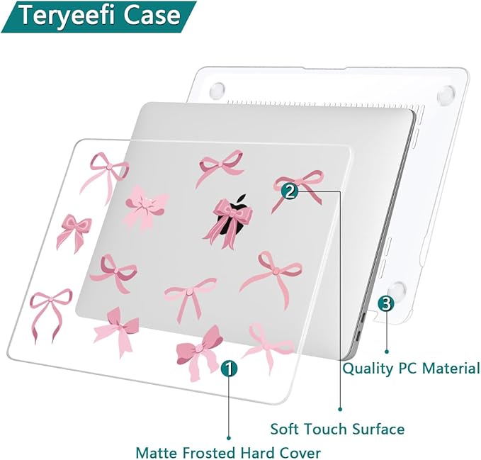 Teryeefi for MacBook Pro Case 13 inch 2024 2022-2016 Release fits Model A2338 M2 M1/A2289/A2251/A2159/A1989/A1706, Design Hard Shell for MacBook Pro 13 inch with Keyboard Cover,Cute Pink Bows