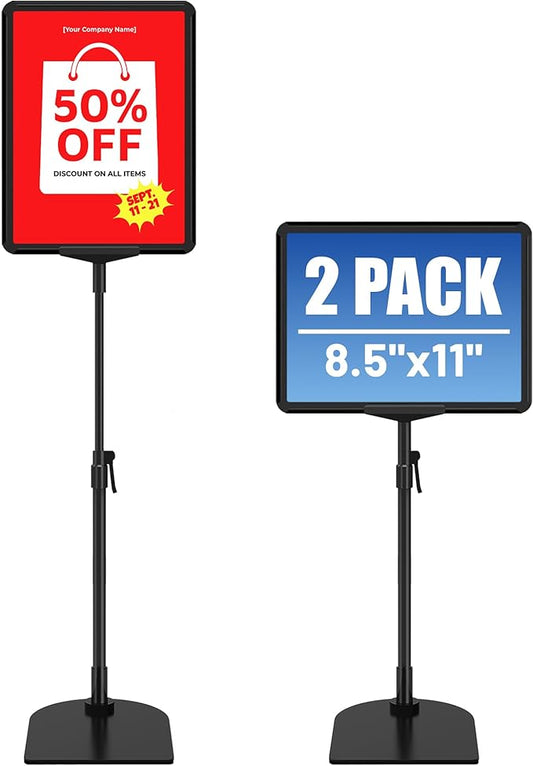 Sign Holder Stand 8.5 x 11, Adjustable Poster Stand for Table Top & Floor, Metal Signage Display Stands, Floor Standing Sign Holder for Advertisement, Tradeshow, Store, Business, 2 Pack