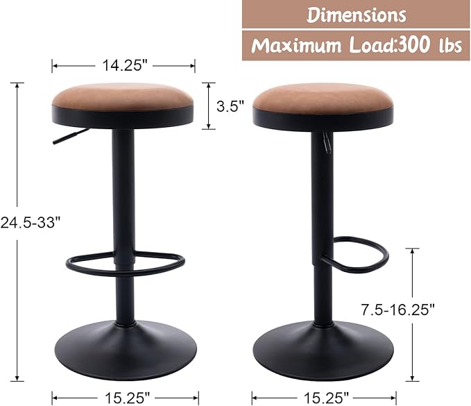 Round Swivel Counter Height Bar Stools Set of 3 Modern Adjustable Barstools Backless PU Leather Bar Chairs Industrial Island Chairs with Metal Base/Footrest for Kitchen Island/Pub/Bar, Brown