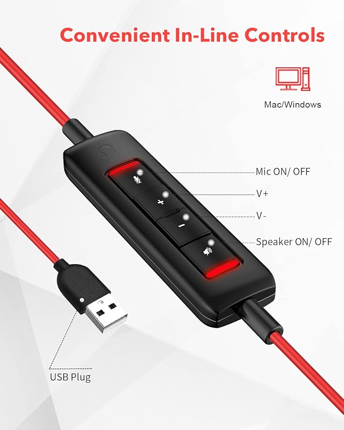 NUBWO HW02 USB Headset with Microphone Noise Cancelling &in-line Control, Ultra Comfort Computer Headset for Laptop pc, On-Ear Wired Office Call Center Headset for Boom Skype Webinars (USB-A)