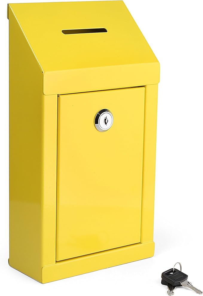 Metal Donation Box-Suggestion Box with Slot and lock-Cash Lock box for Money-Secure Drop Box-Comment and ballot voting box-comes with pre-drilled holes for easy wall mounting 10 X 6 X 2.5"(Yellow)