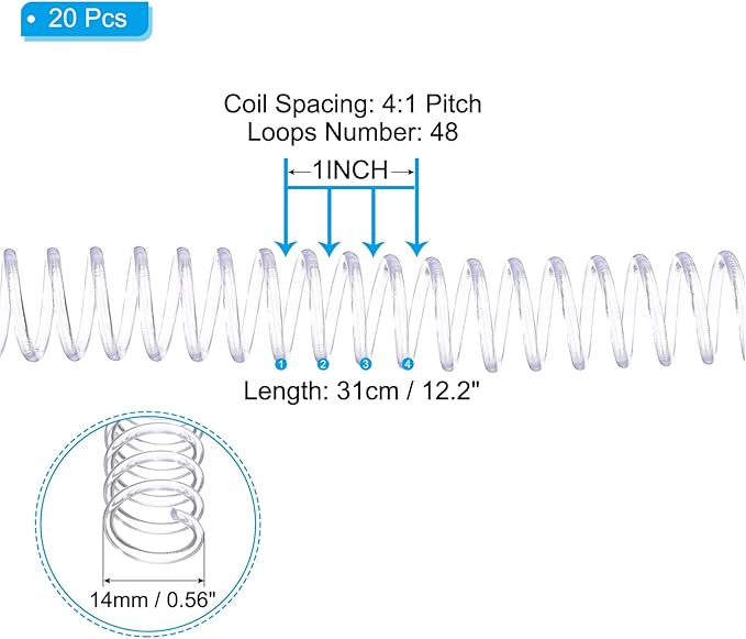 PATIKIL 14mm(9/16") Plastic Spiral Binding Coils, 20 Pcs Binding Spirals 115 Sheet Capacity 4:1 Pitch Binding Spirals for Binding Paper Sheets, Transparent