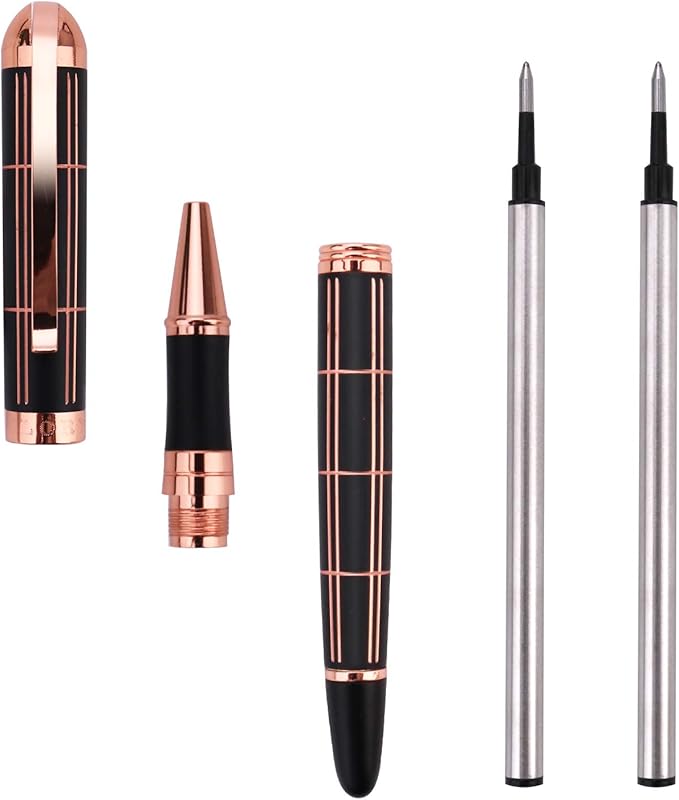 Rose Gold Gel Ink Rollerball Pen-Geometric Stripe Style Copper Grip Metal Pens in Gift Box with 1 Extra Refill,Christmas gift for Women &Men (Black Ink, 0.7mm Fine Point)