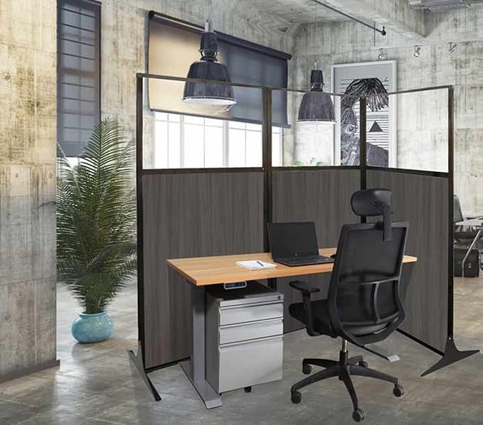 Versare Office Workstation Screen | Portable Wall Divider | Modern Cubicle | Freestanding Privacy Screen | Flexible Work Space | 3 Panels | 99" Wide x 70" Tall Marble Gray SoundSorb Panels With Window