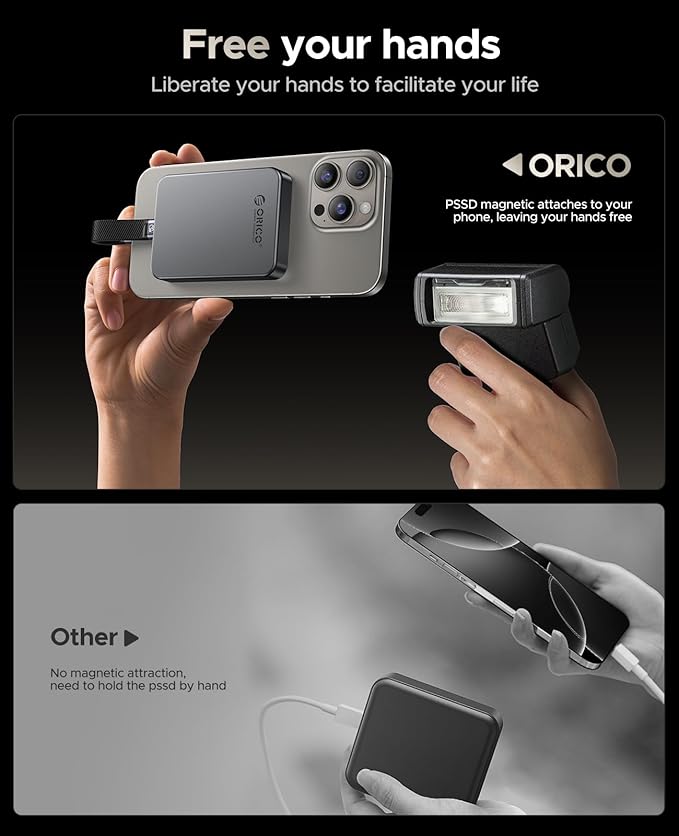 ORICO 1TB Magnetic Portable SSD, Aluminum Alloy, 4K 120 fps ProRes HDR Record and Store, Up to 2000MB/s, External Solid State Drive, Compatible with iPhone 16 Pro Max, Tablet, Computer - K20