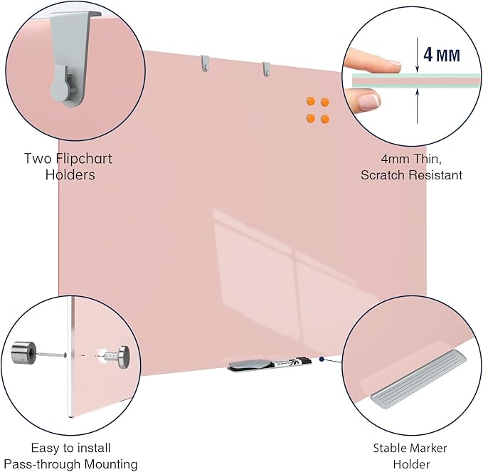 TSJ OFFICE Glass Dry-Erase Board - 48 x 36 Inches Wall Mounted Magnetic Whiteboard, Large Frameless Glass White Board for Office, Home & School, Pink