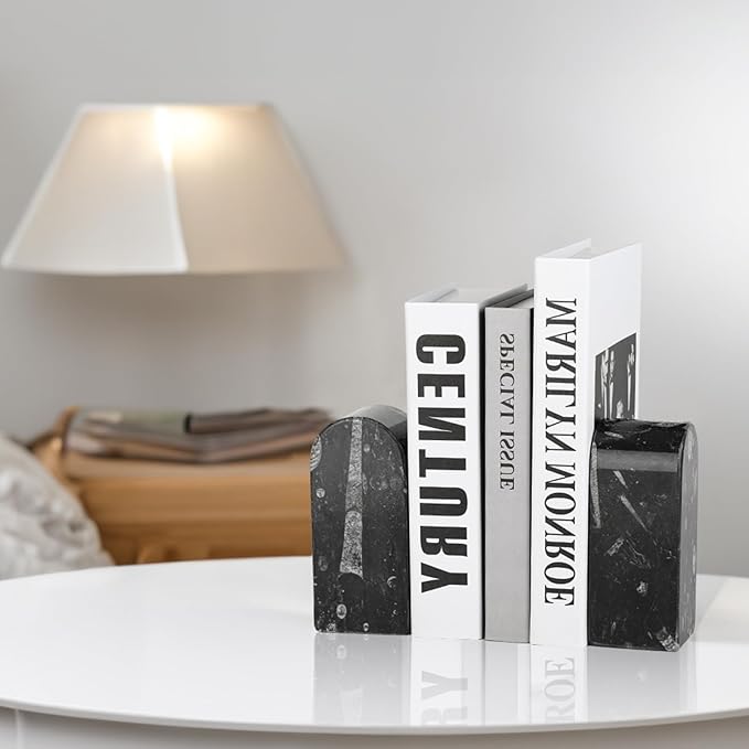 Koville Moroccan Natural Marble Bookends for Shelves, Decorative Book Ends, 7lbs Heavy-Duty Marble Book Holders, Bookshelf Apartment Decor for Normal Books/CD/Video Games(Black Fossil)