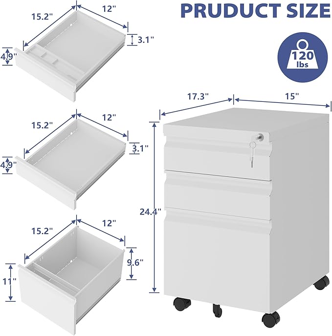 Rolling File Cabinet with Lock, 3 Drawer Metal Mobile Filing Cabinet for Legal/Letter Size, Fully Assembled Except Casters,White