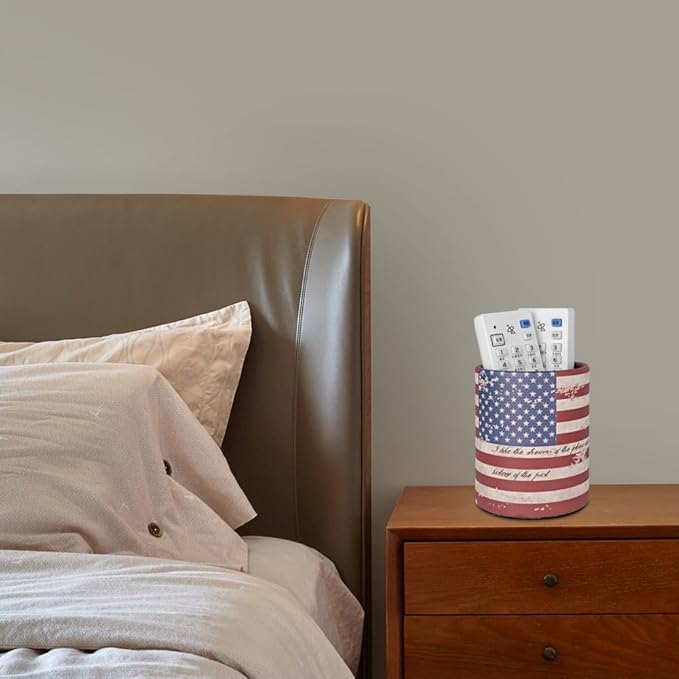 Pen Pencil Holder Cup Container PU Leather Desk Organizer Stand Decor Brush Scissor Holder Decoration Office Desk Home School (3.3" x 3.3" x 4", US Flag)