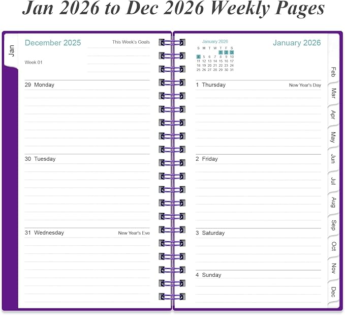 2026 Pocket Planner/Calendar - 2026 Planner from January 2026 - December 2026, Planner 2026 with 12 Tabs, Twin-Wire Binding, Inner Pocket, 3.75" x 6.75, Purple