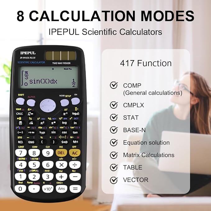 Scientific Calculators, IPepul Math Calculator with 417 Function, Solar Battery Power and 4-Lines Display, School Supplies for Middle High College Students Teachers (Black 991ES)