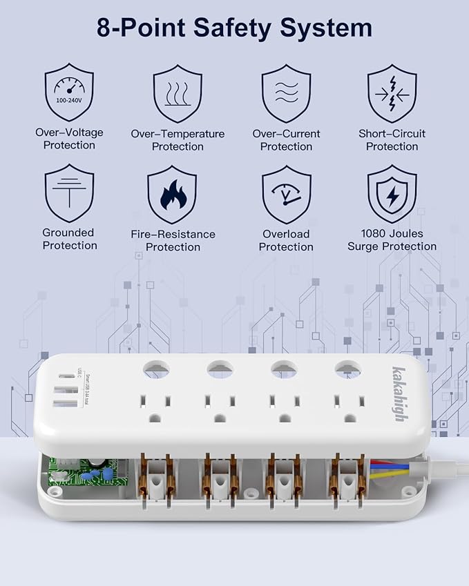 10FT Heavy Duty Extension Cord with Individual Switches on Off, 1875W Appliance Extension Cord with USB Ports, 8 outlets, High Wattage for Microwave, Aquarium, Kitchen, Garage Must Have