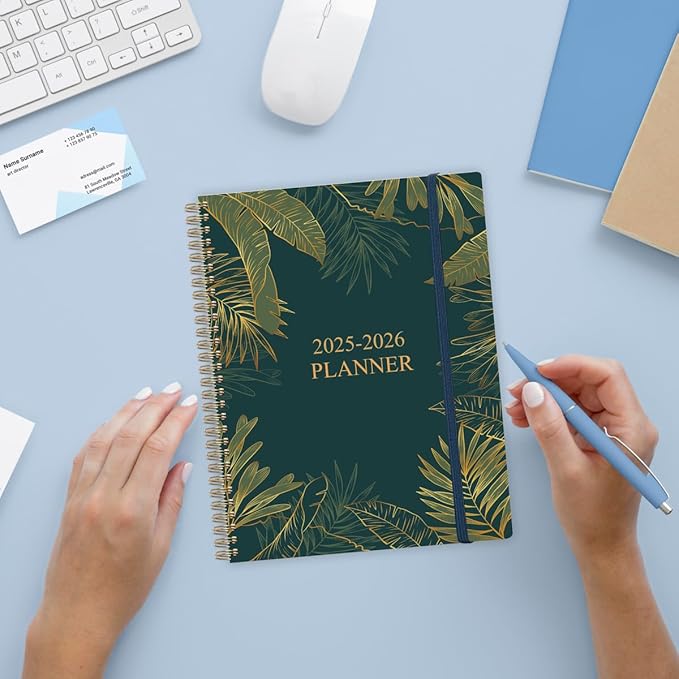 Planner 2025-2026 - Weekly & Monthly Planner from July 2025 to June 2026, Agenda 2025 2026 with Inner Pocket, Elastic Band, 8.5" x 11", Green Gold Leaf