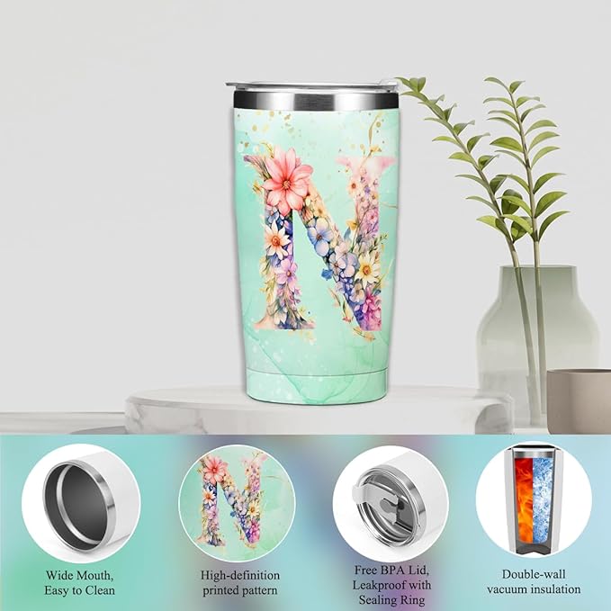 Personalized Gifts Monogrammed Birthday Gifts for Women, Colleague, Female Farewell Christmas, Initial 20 oz Tumbler, Makeup Cosmetic Bag Cup Pens Journal Notebook 6 Set, (Aesthetic Green Flower N)