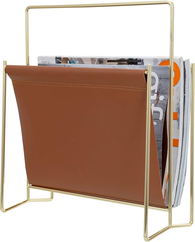 MyGift 13 inch Modern Caramel Leatherette Magazine Holder Floor Standing Sling Style Rack with Brass Tone Metal Frame