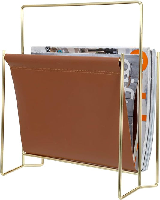 MyGift 13 inch Modern Caramel Leatherette Magazine Holder Floor Standing Sling Style Rack with Brass Tone Metal Frame