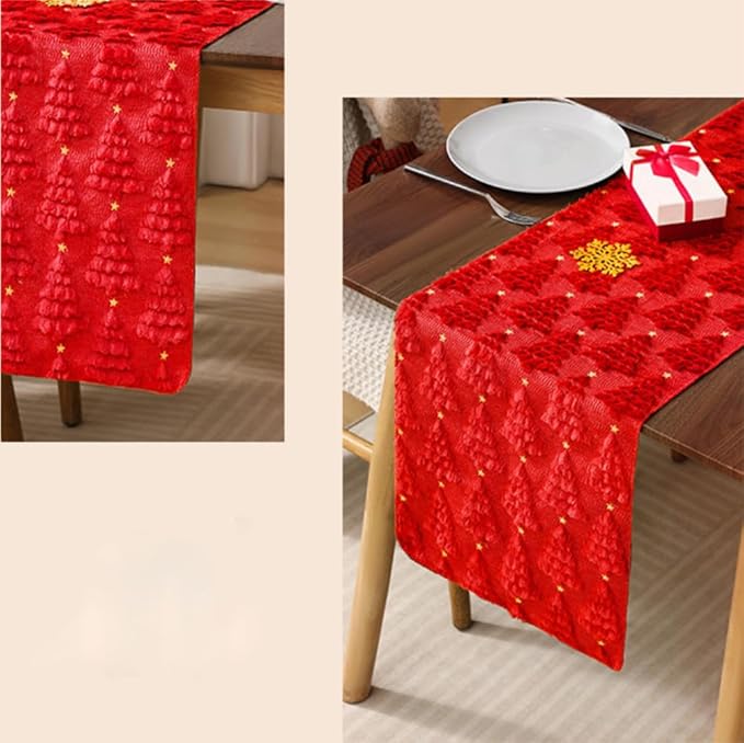 Christmas Table Runner 13x108 Inch, Xmas Trees Star Winter Holiday Decorative Farmhouse Table Decorations for Kitchen Dinning, Indoor Outdoor Dinner Party Decor (Red) 1Pack
