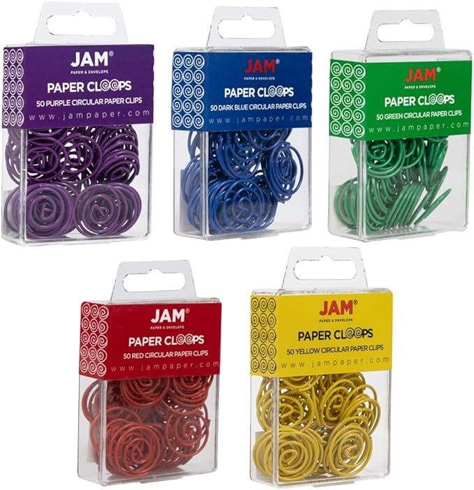 JAM PAPER Circular Paper Clips - Round Paperclips - Rainbow Assortment - 250/Pack
