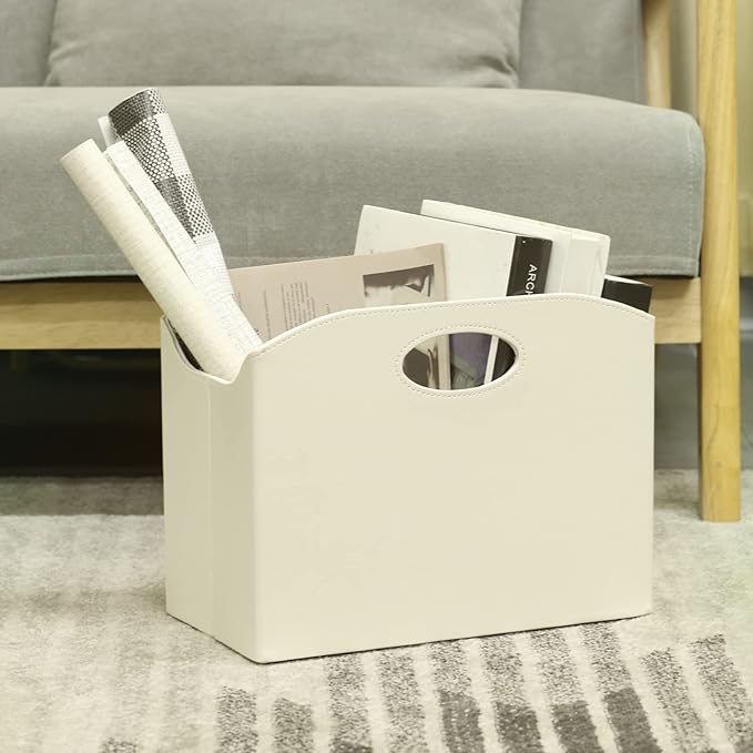 EZDeco Magazine Holder Foldable Magazine Rack Floor PU Leather File Holder Newspaper Book Storage Basket Document File Folder Organizer for Office Home (Off-white-1)
