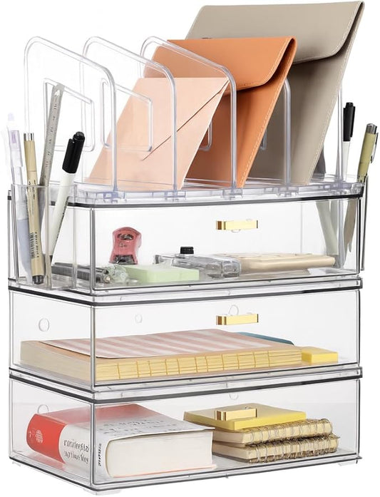 Acrylic Desk Organizer with 4-Vertical File Holder Rack, 3-Clear Drawer, and 2 Pen Holders, Desktop File Organizers Paper Tray for Office Accessories School Classroom Organization (Clear)