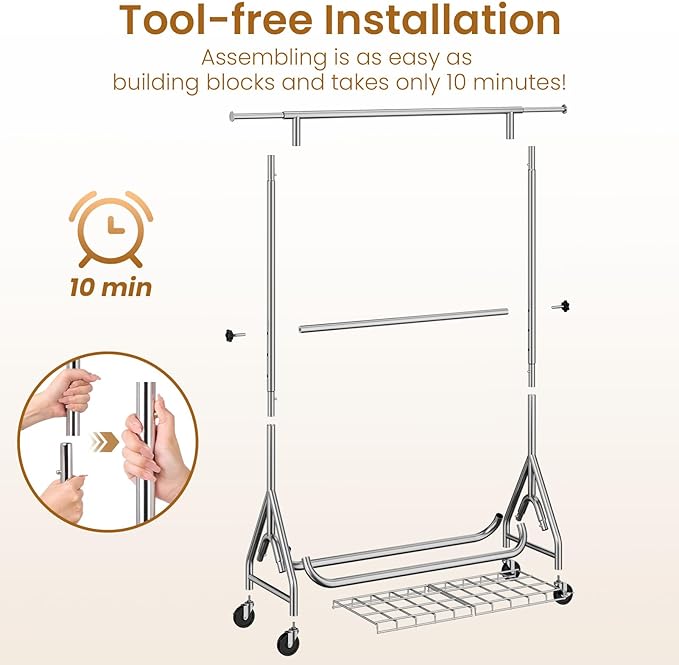 Heavy Duty Clothes Rack for Hanging Clothes, Double Rods Clothing Rack with Lockable Wheels, Rolling Garment Racks with Shelf, Easy to Assemble, Silver