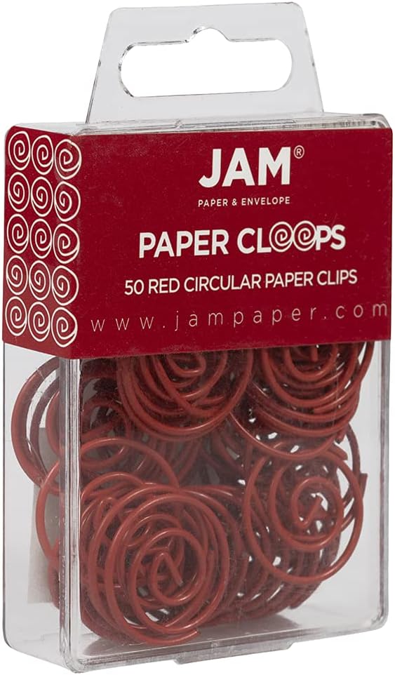 JAM PAPER Circular Paper Clips - Round Paperclips - Red - 50/Pack