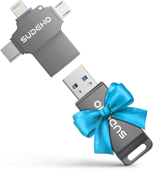 MFi Certified Photo Stick 128GB USB Flash Drive for iPhone, 4 in 1 External Memory Thumb Drive for Picture Video Data Backup, High Speed Memory Stick USB Drive for iPhone/iPad/Android/PC (Gun Black)