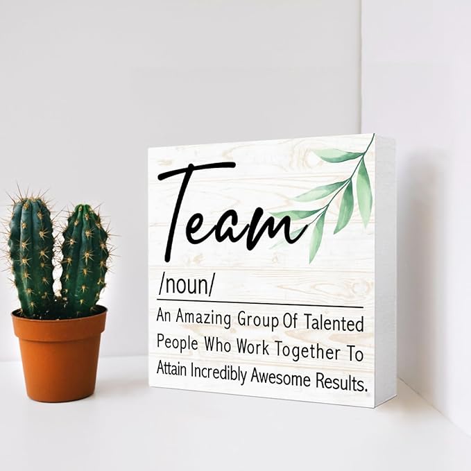 Team Definition Sign Wood Box,Cute Teamwork Signs Wooden Block for for Home Office Tabletop Shelf Decor 5" x 5",Motivational Teamwork Desk Decor Accessories for Women