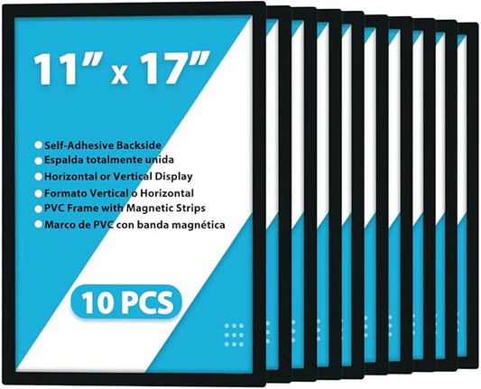 10Pcs Magnetic Poster Holder Self-adhesive Back,11"x17" Magnetic Framed Sign Holder,Plastic Window Wall Poster Display Frames for Office,Store,School(10Pcs,Black)