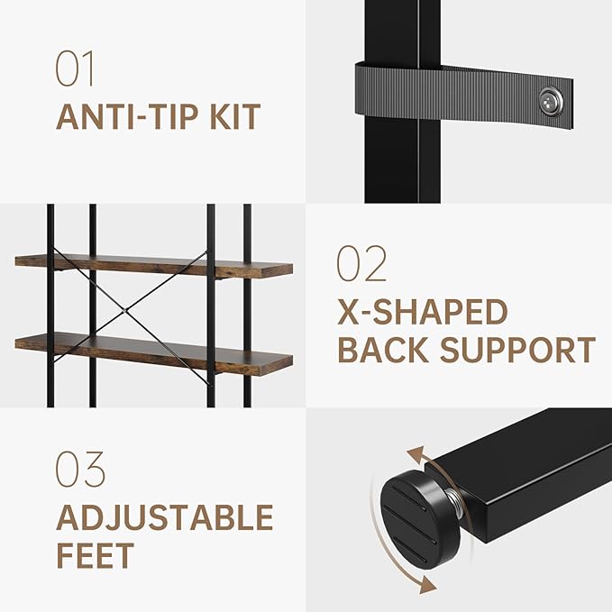 6 Tier Bookcase, 47 Inch Wide Wood Bookshelf, 120lbs Shelf Capacity, Rustic Open Shelving Industrial Display with Reinforced Horizontal Brown Shelves for Living Room Bedroom Office