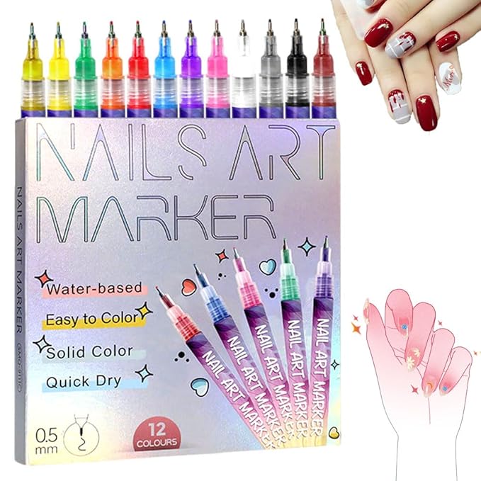 Nail Art Pens Set 12 Colors Nail Art Markers,2025 Nail Polish Pens Drawing Painting Pen for Home Salon,Quickly Dry Nail Art Nail DIY Decoration for Adult Kids (12-Colors)