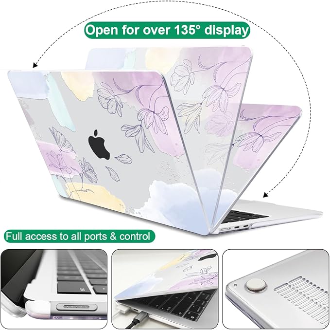 for MacBook Air 13.6 inch Case 2025 M4 A3240 2024 M3 A3113 2022 2023 A2681 M2 Chip, Crystal Plastic Pattern Hard Shell Case Cover for Mac Air 13.6 M4 2025 Touch ID, Watercolor Line Flowers