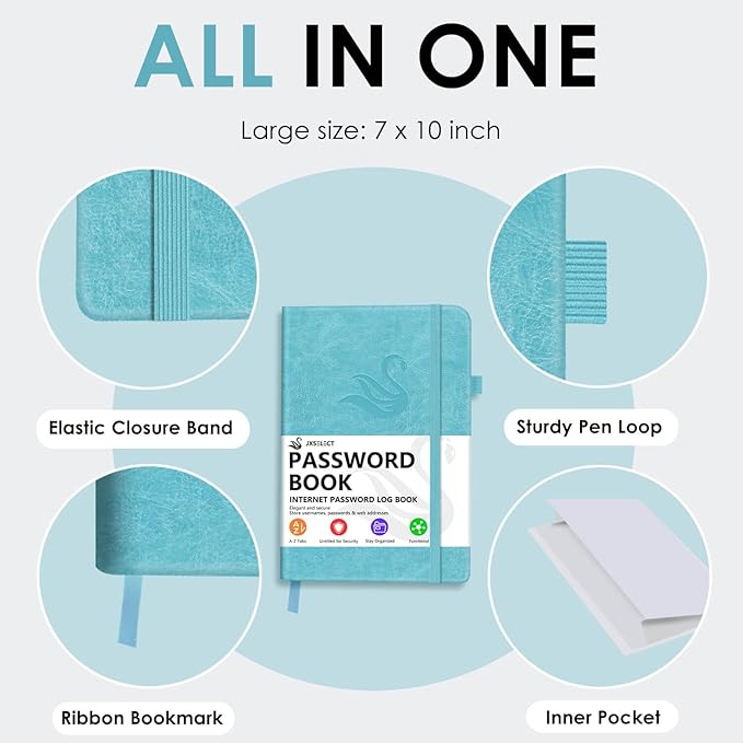 Elegant Password Book with Alphabetical Tabs - Hardcover Password Book for Internet Website Address Login - 7" x 10" Password Keeper and Organizer w/Notes Section & Back Pocket (Turquoise)
